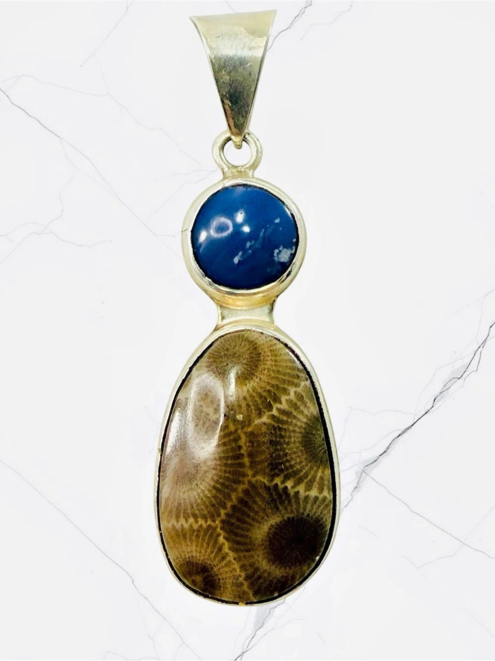Sterling Silver 925 Petoskey Stone Leland Blue Slag Teardrop Pendant Fossil